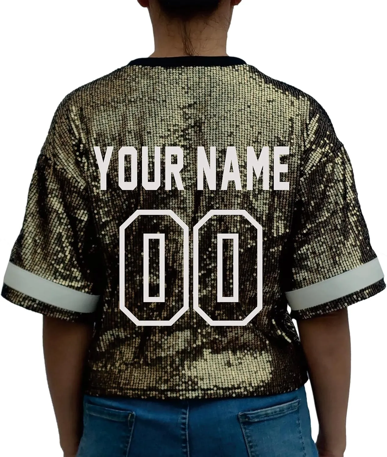 Customized Name and Number Sequin Jersey T-Shirts Tops Women's