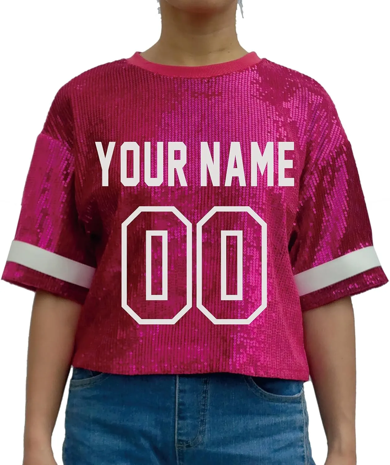 Customized Name and Number Sequin Jersey T-Shirts Tops Women's