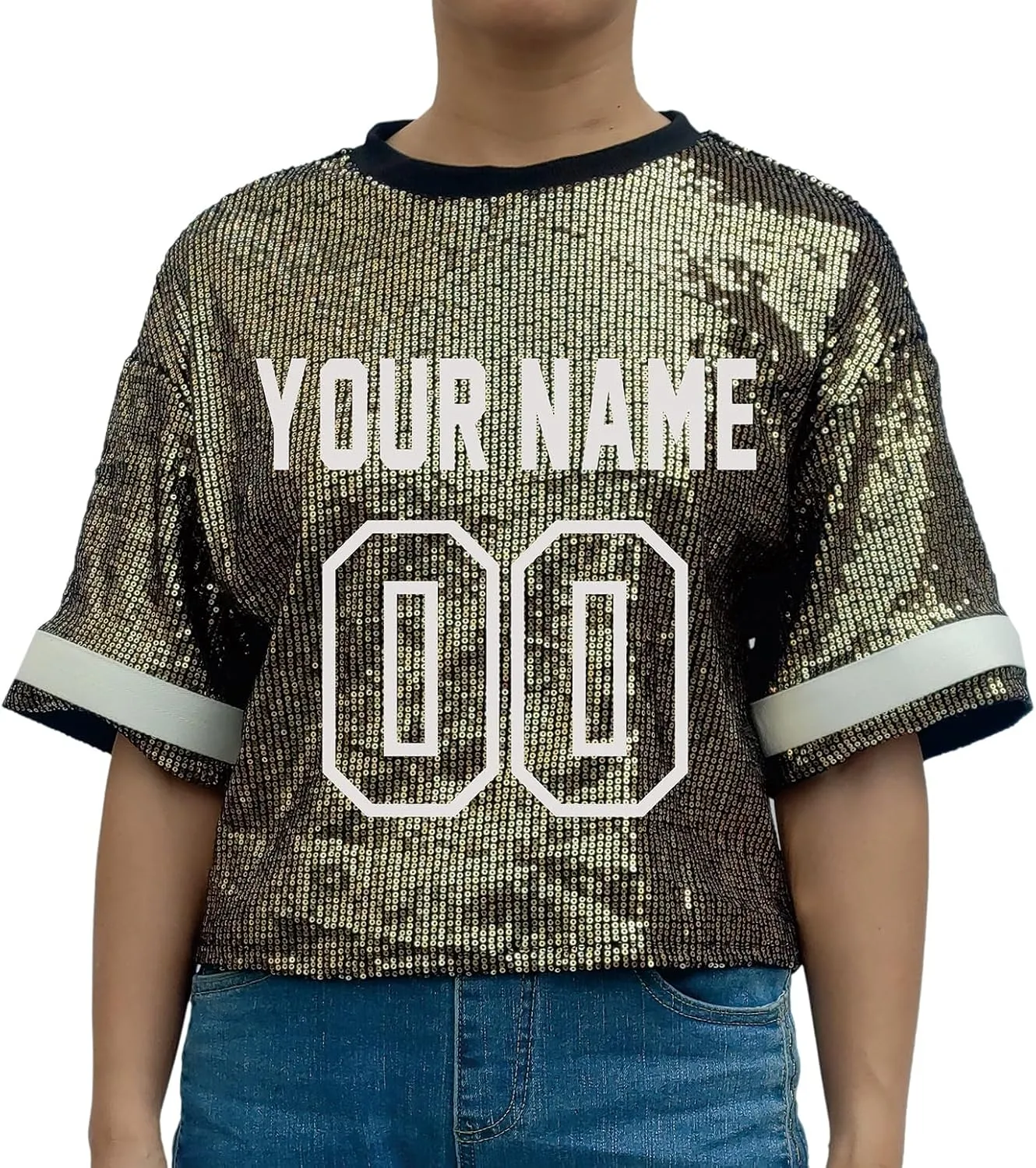 Customized Name and Number Sequin Jersey T-Shirts Tops Women's