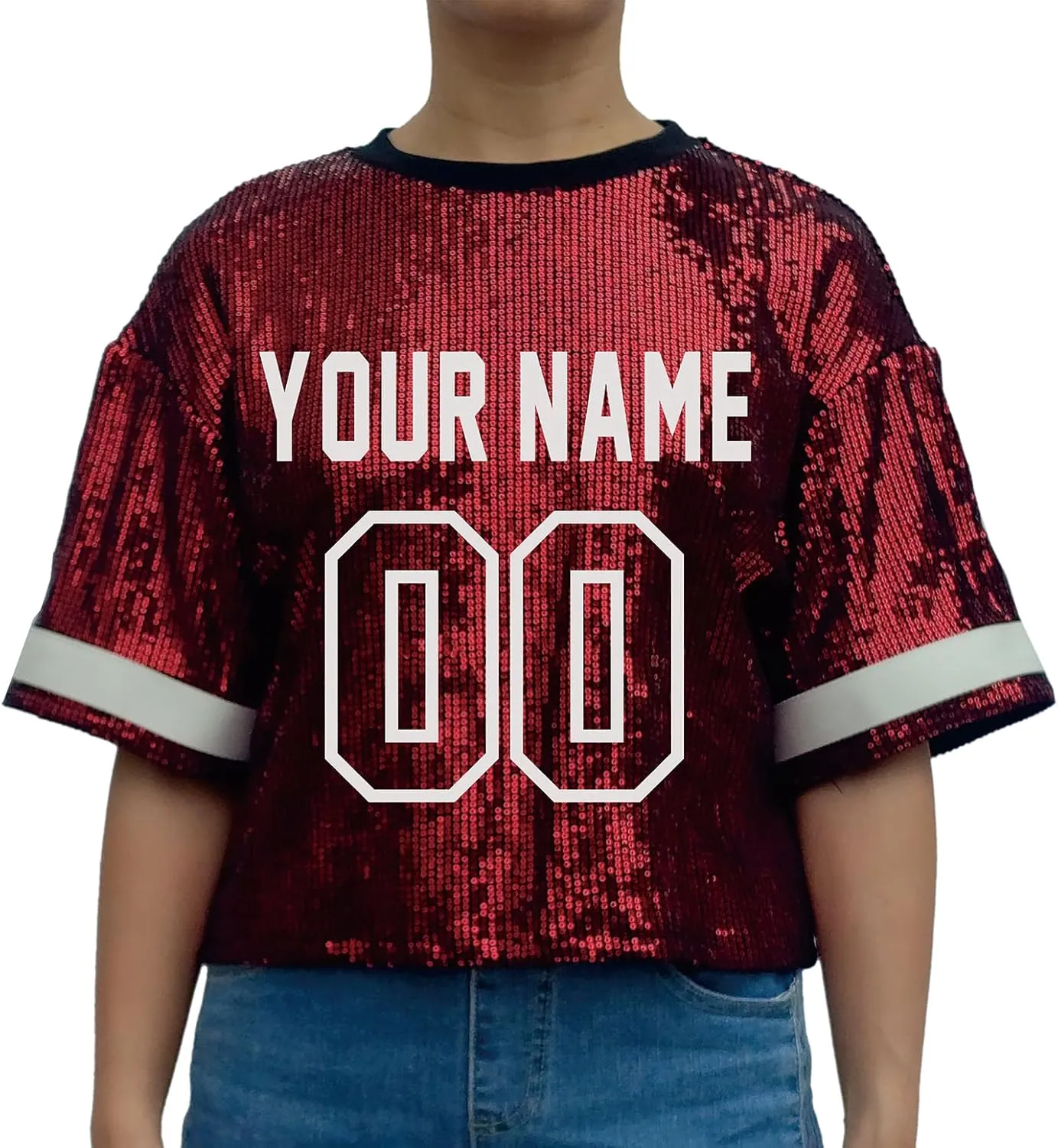 Customized Name and Number Sequin Jersey T-Shirts Tops Women's