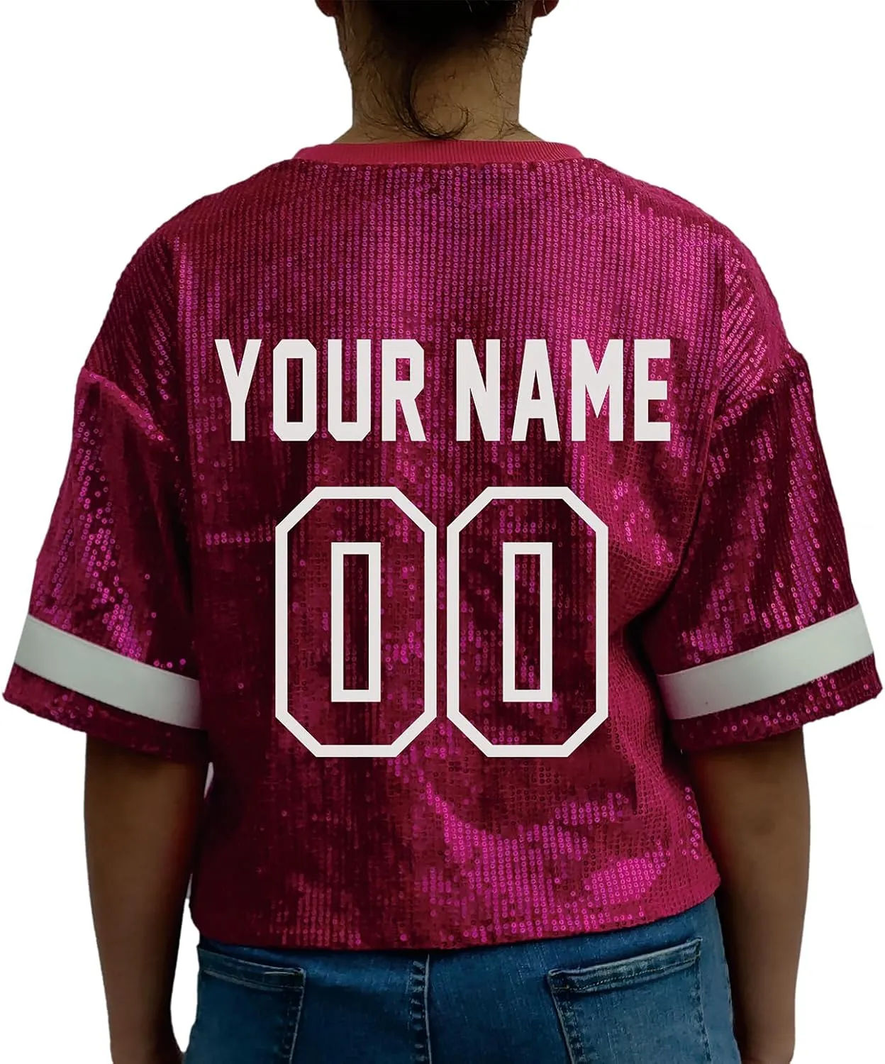 Customized Name and Number Sequin Jersey T-Shirts Tops Women's