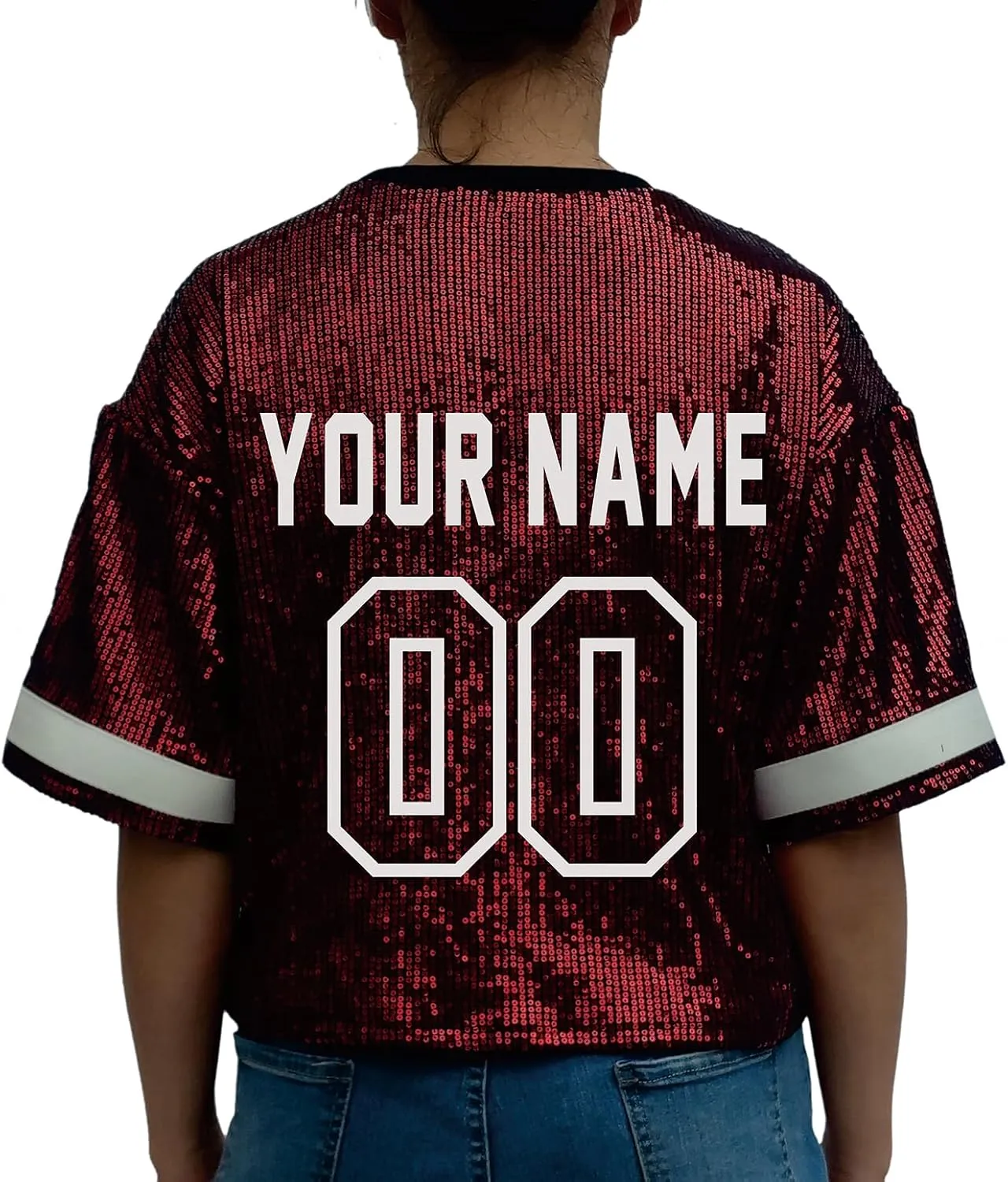 Customized Name and Number Sequin Jersey T-Shirts Tops Women's
