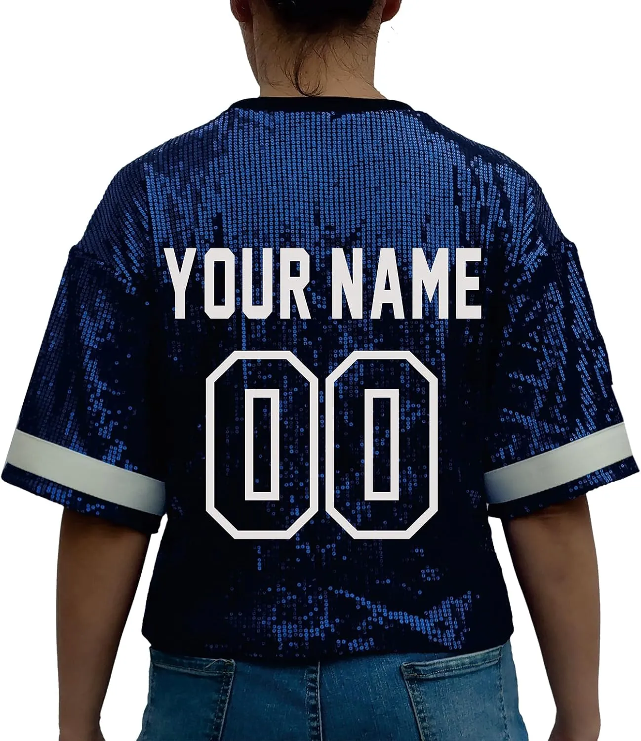 Customized Name and Number Sequin Jersey T-Shirts Tops Women's