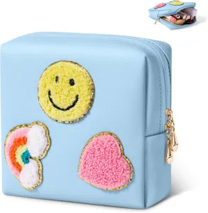 Cute Small Makeup Bag Soft PU Leather Cosmetic Bag for Women Travel Make Up Pouch for Purse Mini Cosmetic Pouch Organizer with Zipper - Blue
