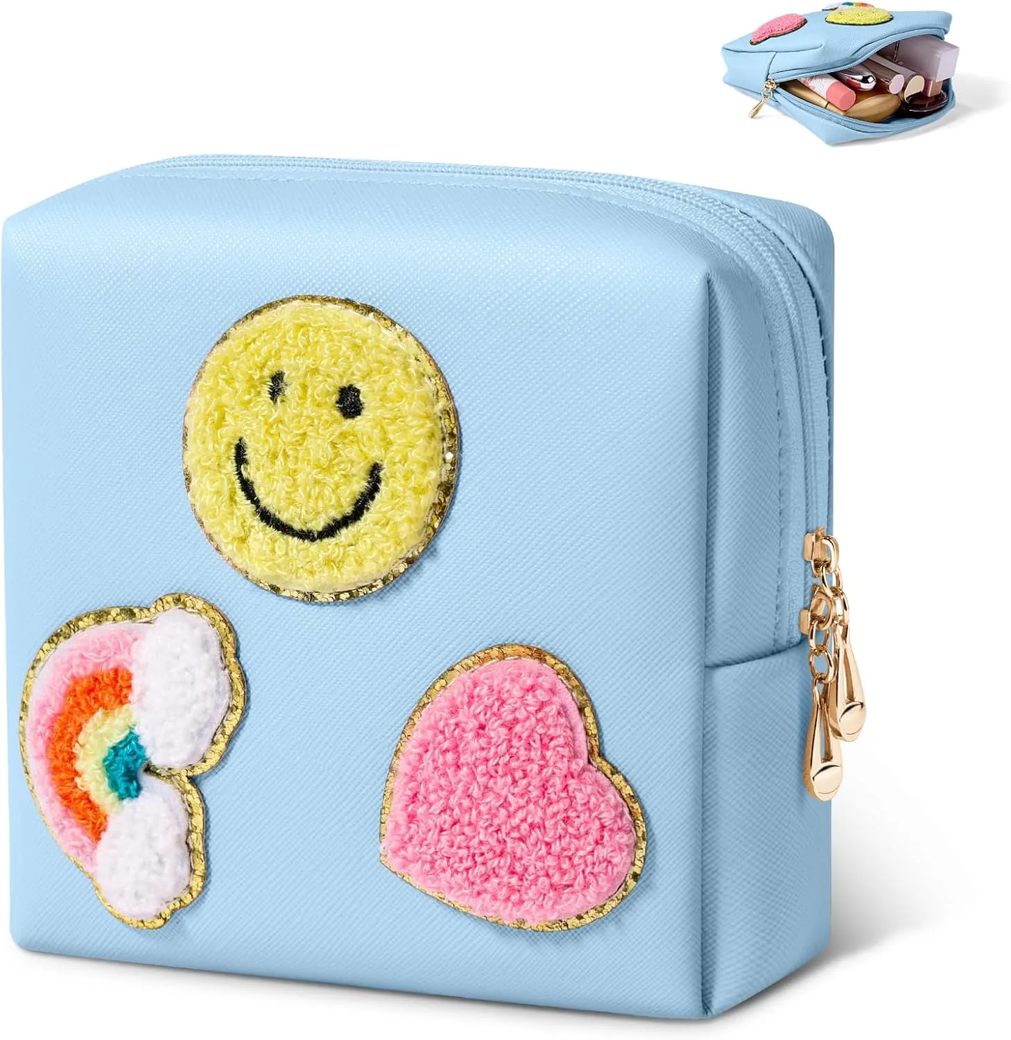 Cute Small Makeup Bag Soft PU Leather Cosmetic Bag for Women Travel Make Up Pouch for Purse Mini Cosmetic Pouch Organizer with Zipper - Blue