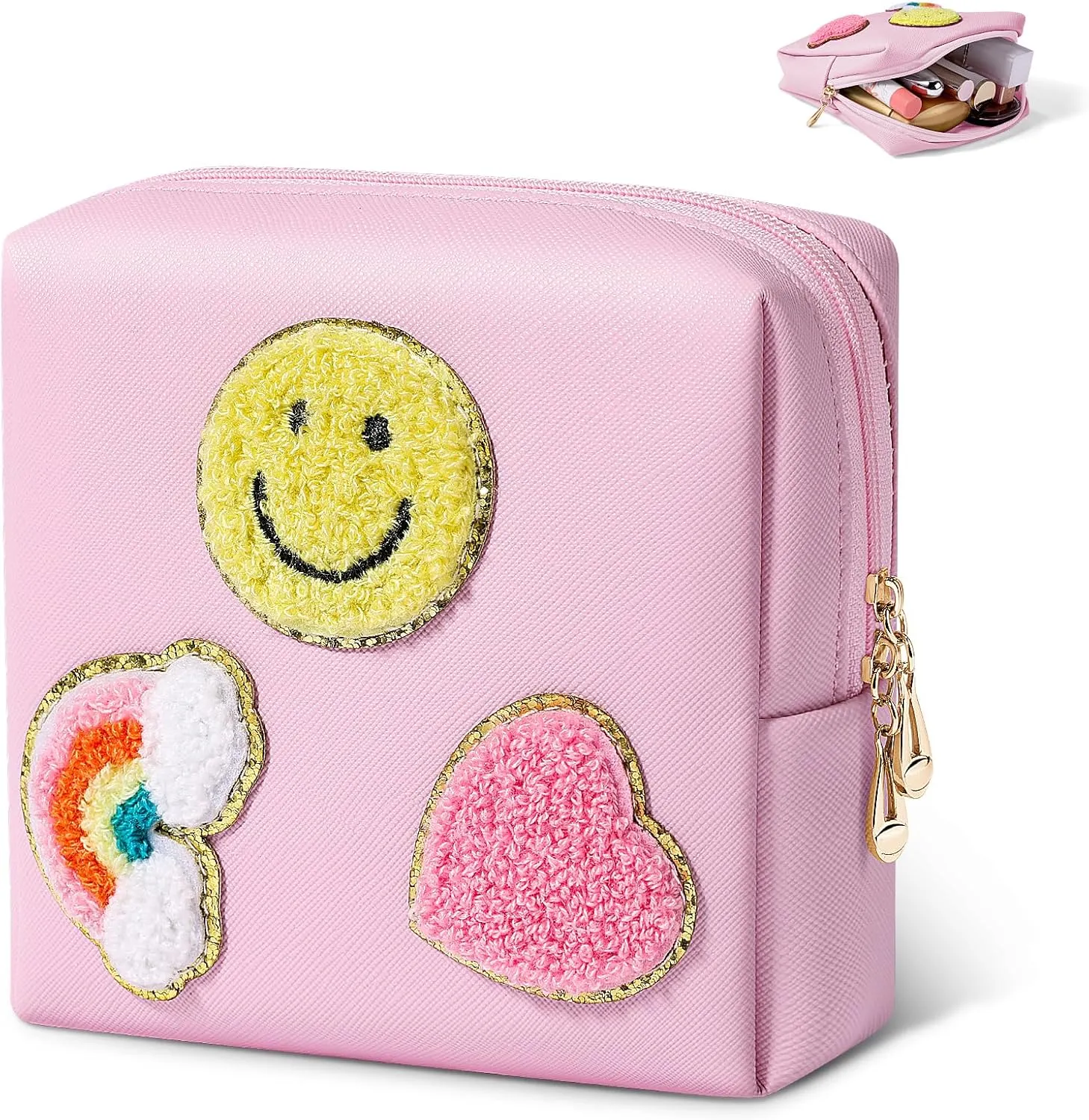 Cute Small Makeup Bag Soft PU Leather Cosmetic Bag for Women Travel Make Up Pouch for Purse Mini Cosmetic Pouch Organizer with Zipper - Pink