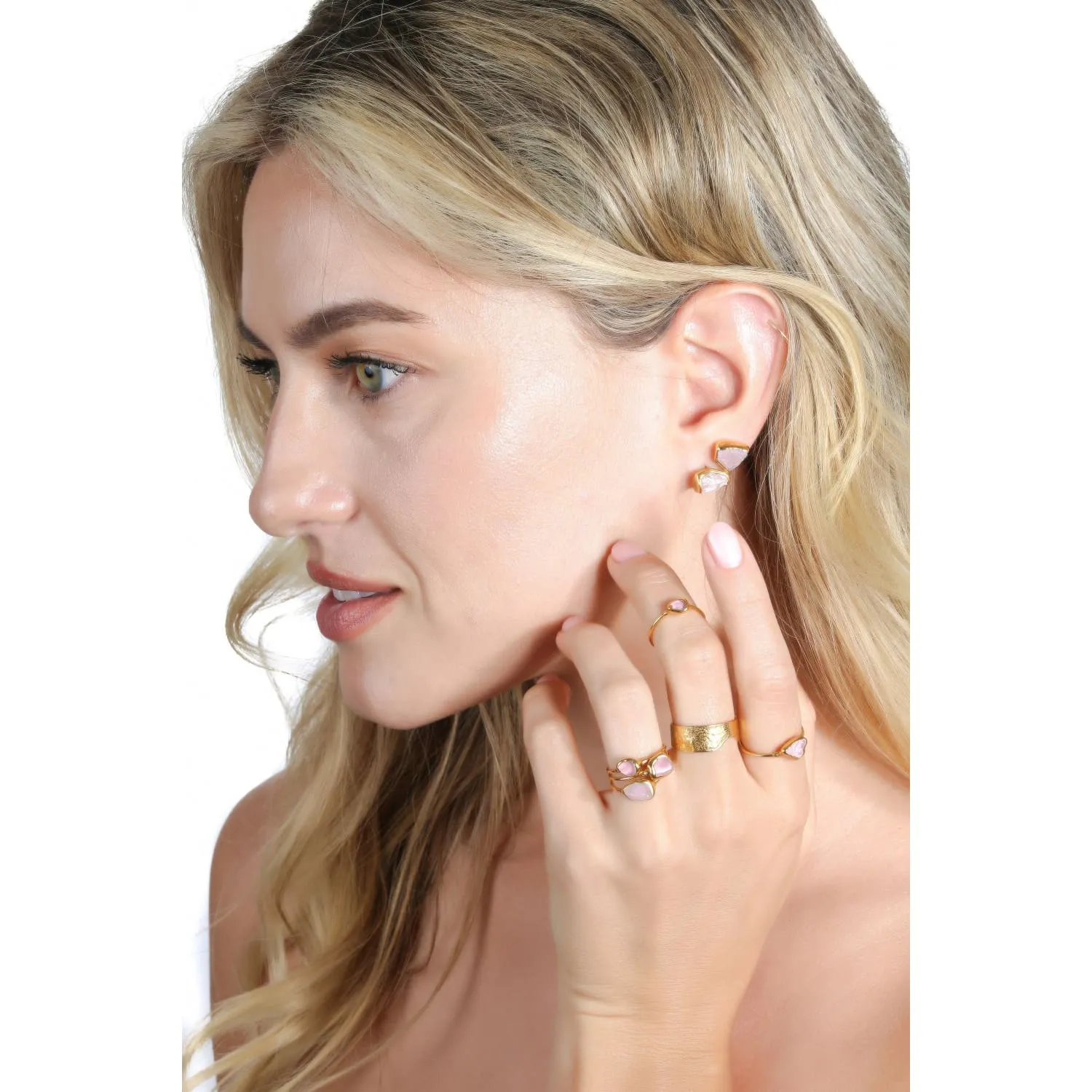 Dainty Raw Rose Quartz Ring in Yellow Gold