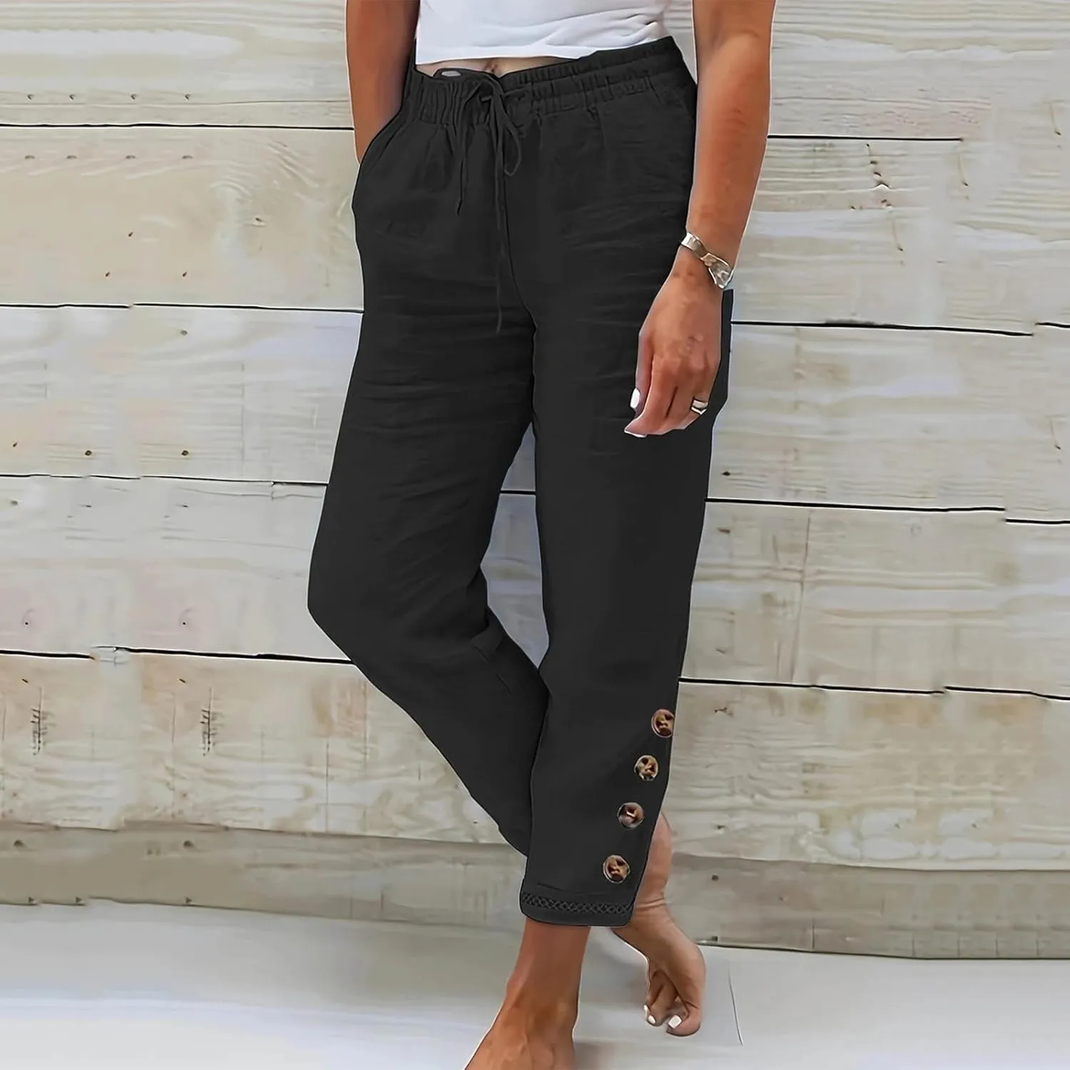 DASAYO Womens Linen Pants Drawstringgg Elastic Waist Straight Legg Trousers Summer Lightweigght Casual Pants with Pockets