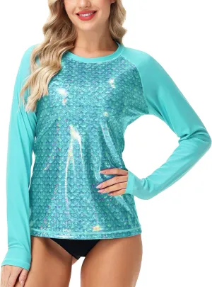 Deerose Women Sparkle Rash Guard Shiny Sun Protection Swim Shirts Metallic Glitter Swimsuit Top