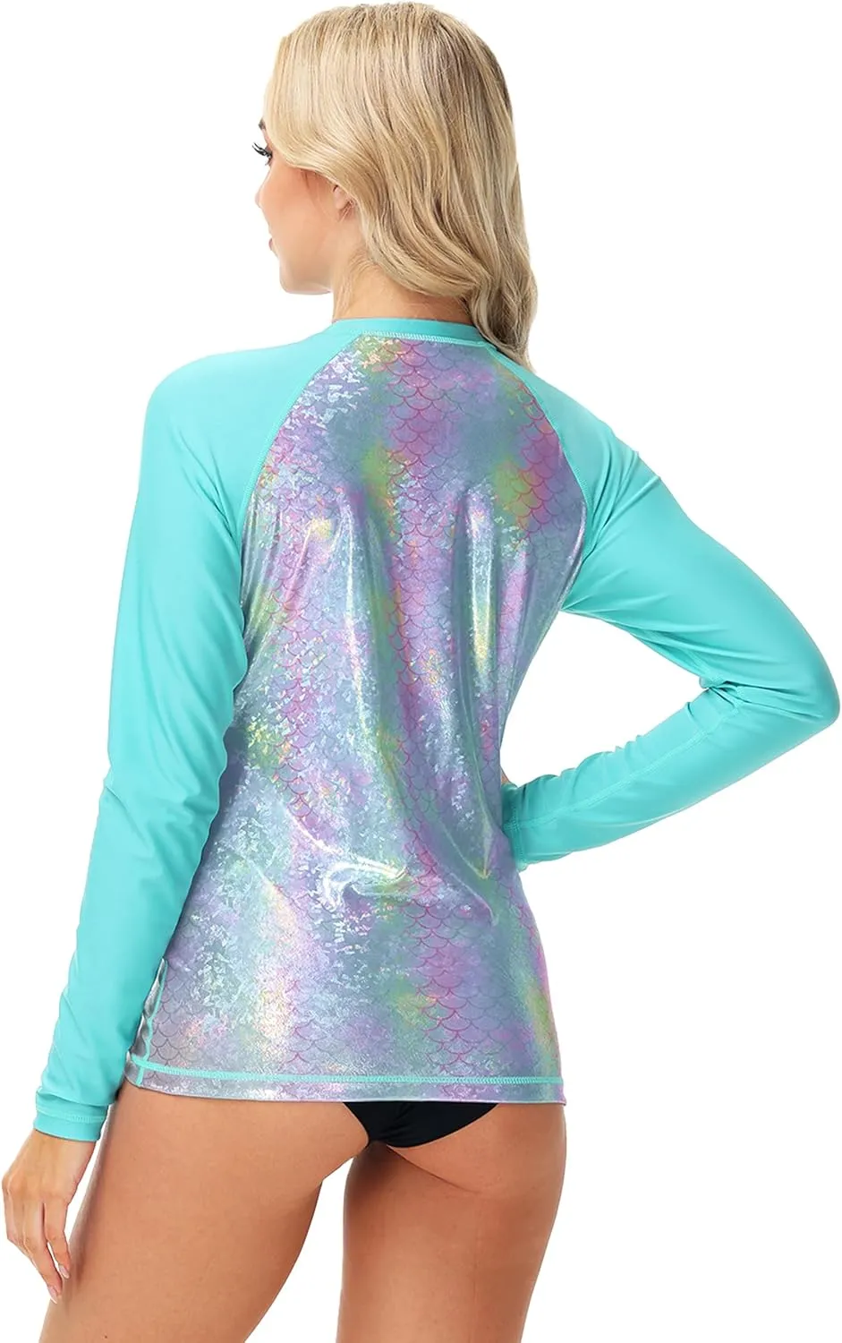 Deerose Women Sparkle Rash Guard Shiny Sun Protection Swim Shirts Metallic Glitter Swimsuit Top