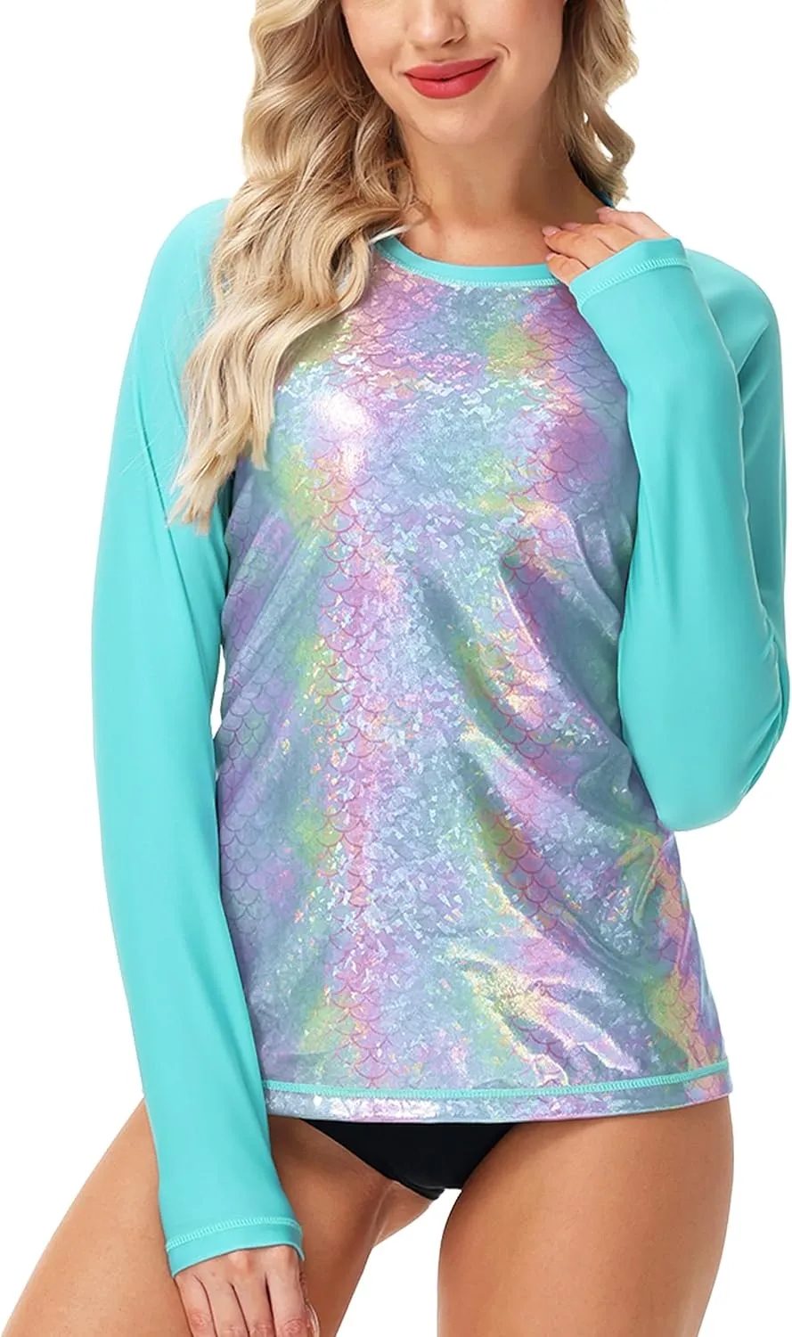 Deerose Women Sparkle Rash Guard Shiny Sun Protection Swim Shirts Metallic Glitter Swimsuit Top