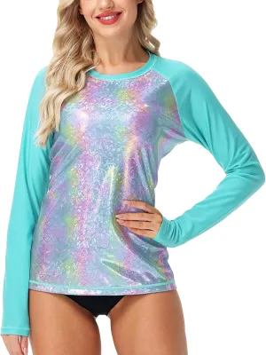 Deerose Women Sparkle Rash Guard Shiny Sun Protection Swim Shirts Metallic Glitter Swimsuit Top