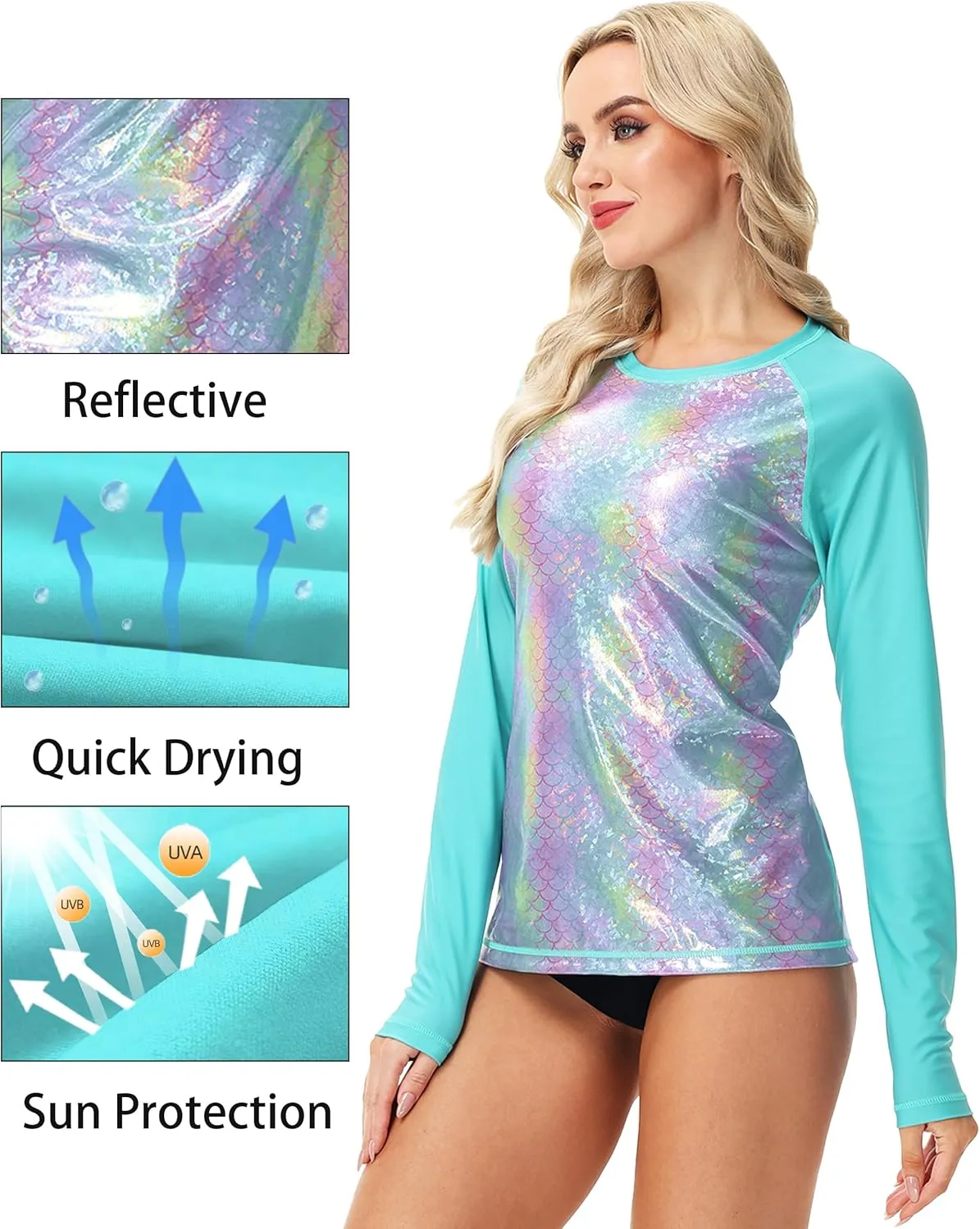 Deerose Women Sparkle Rash Guard Shiny Sun Protection Swim Shirts Metallic Glitter Swimsuit Top