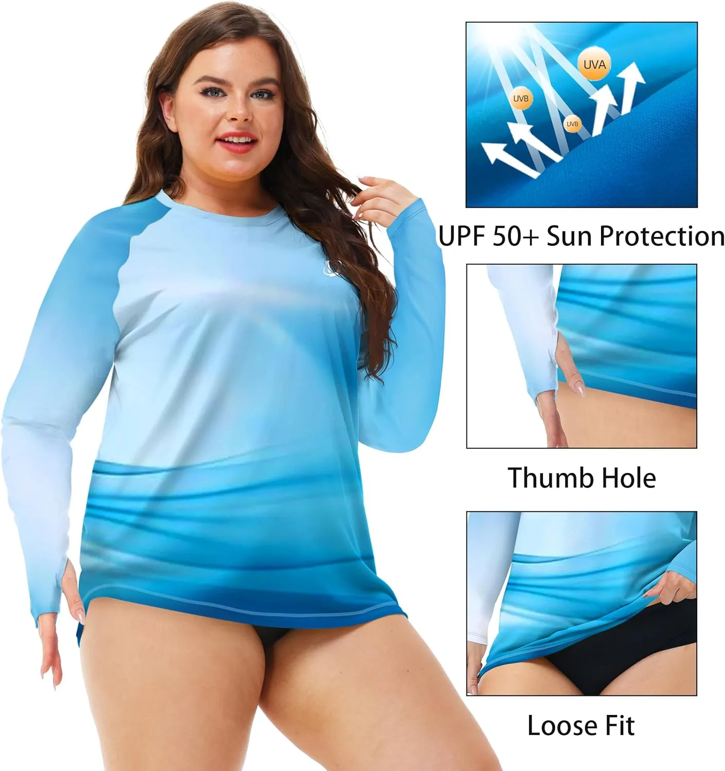 Deerose Womens Plus Size Rash Guard Long Sleeve Swim Shirts with Thumb Hole