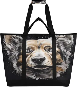 Dog Head Tote Bag for Women with Zipper Reusable Grocery Bags Foldable Insulated Cooler Bag Shopping Bags Handbags Totes for Groceries Beach Travel Picnic Work