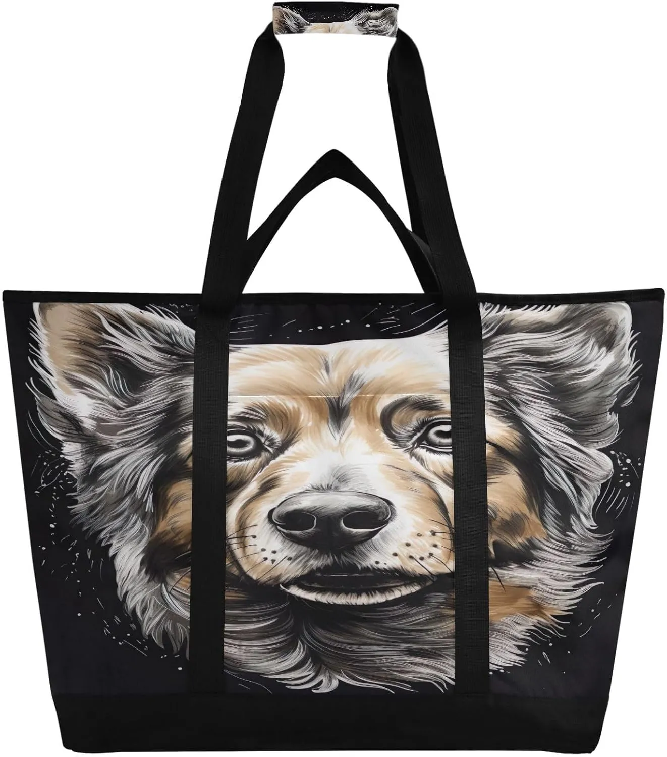 Dog Head Tote Bag for Women with Zipper Reusable Grocery Bags Foldable Insulated Cooler Bag Shopping Bags Handbags Totes for Groceries Beach Travel Picnic Work