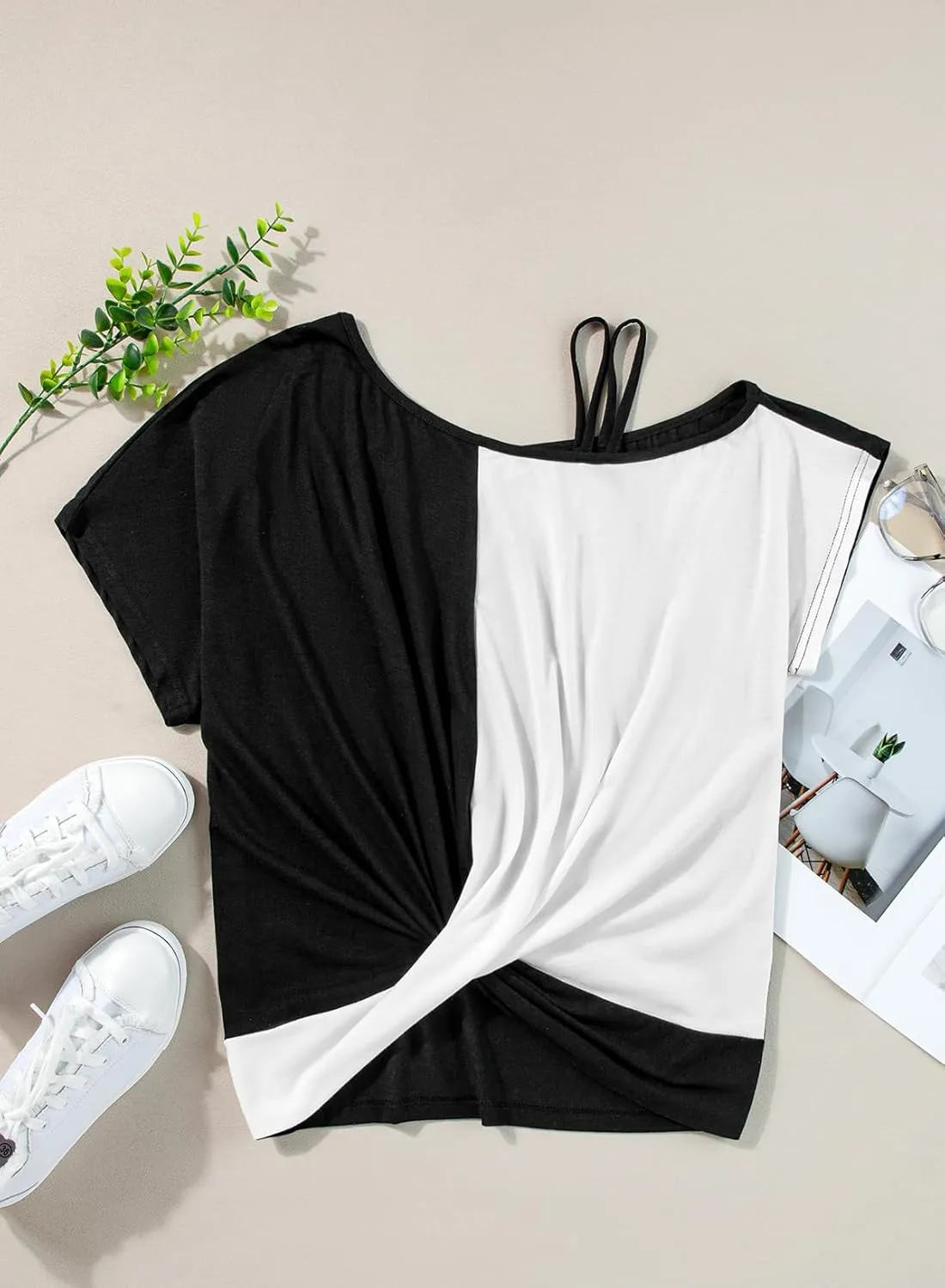 Dokotoo T Shirts for Women Twist Knot Color Block Loose Fit Cold Shoulder Tops for Women Fashion 2025