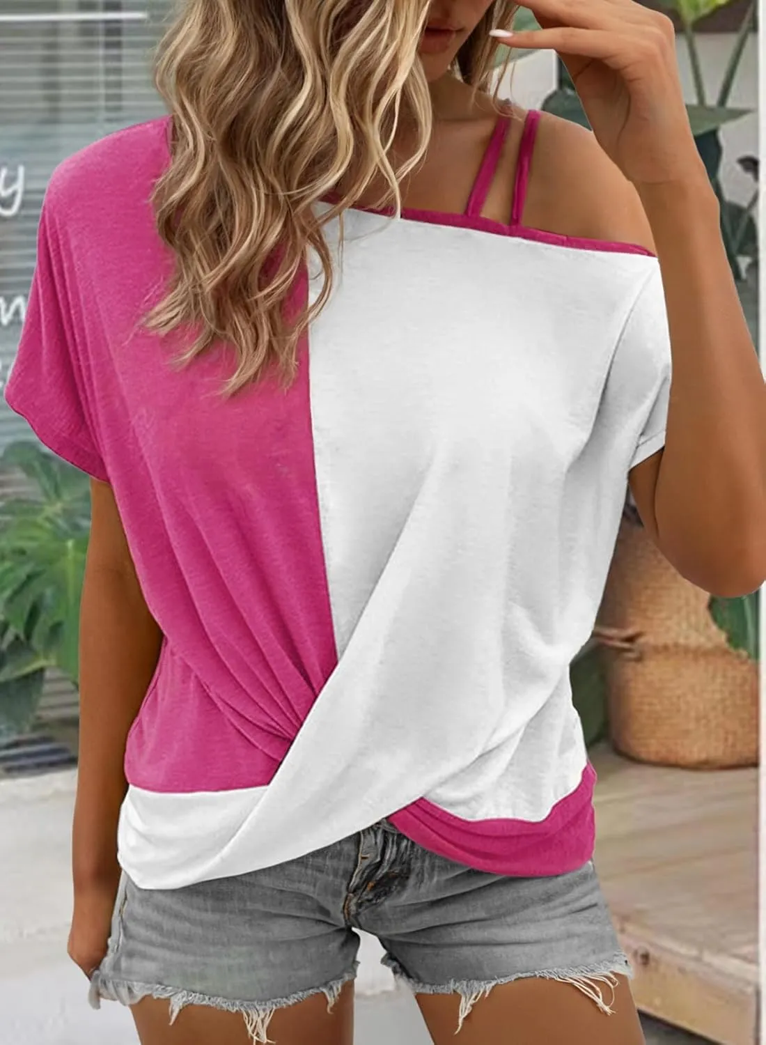 Dokotoo T Shirts for Women Twist Knot Color Block Loose Fit Cold Shoulder Tops for Women Fashion 2025