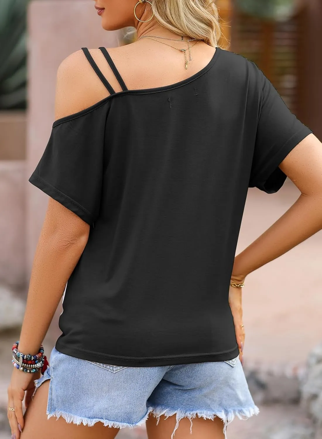 Dokotoo T Shirts for Women Twist Knot Color Block Loose Fit Cold Shoulder Tops for Women Fashion 2025