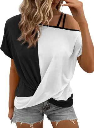 Dokotoo T Shirts for Women Twist Knot Color Block Loose Fit Cold Shoulder Tops for Women Fashion 2025