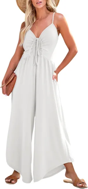 Dokotoo Womens Jumpsuits Spaghetti Straps Ruched Drawstring Knit Wide Leg Romper Casual Jumpsuits with Pockets