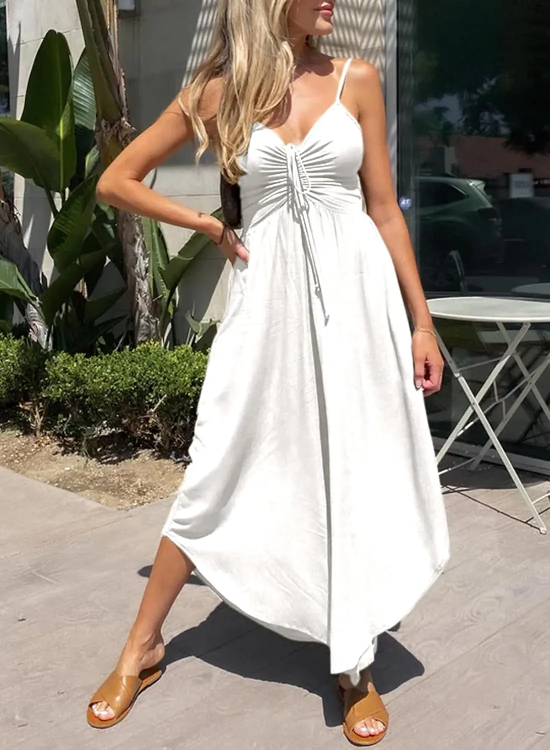 Dokotoo Womens Jumpsuits Spaghetti Straps Ruched Drawstring Knit Wide Leg Romper Casual Jumpsuits with Pockets