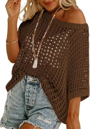 Dokotoo Womens Summer Scoop Neck Short Sleeve Sweater Casual Crochet Hollow Out Knit Tops Pullover Shirts Beach Coverup