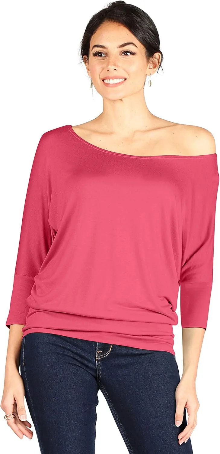 Dolman Tops for Women Off The Shoulder Tops Banded Waistband Shirts 3/4 Sleeves Regular and Plus Size Tops