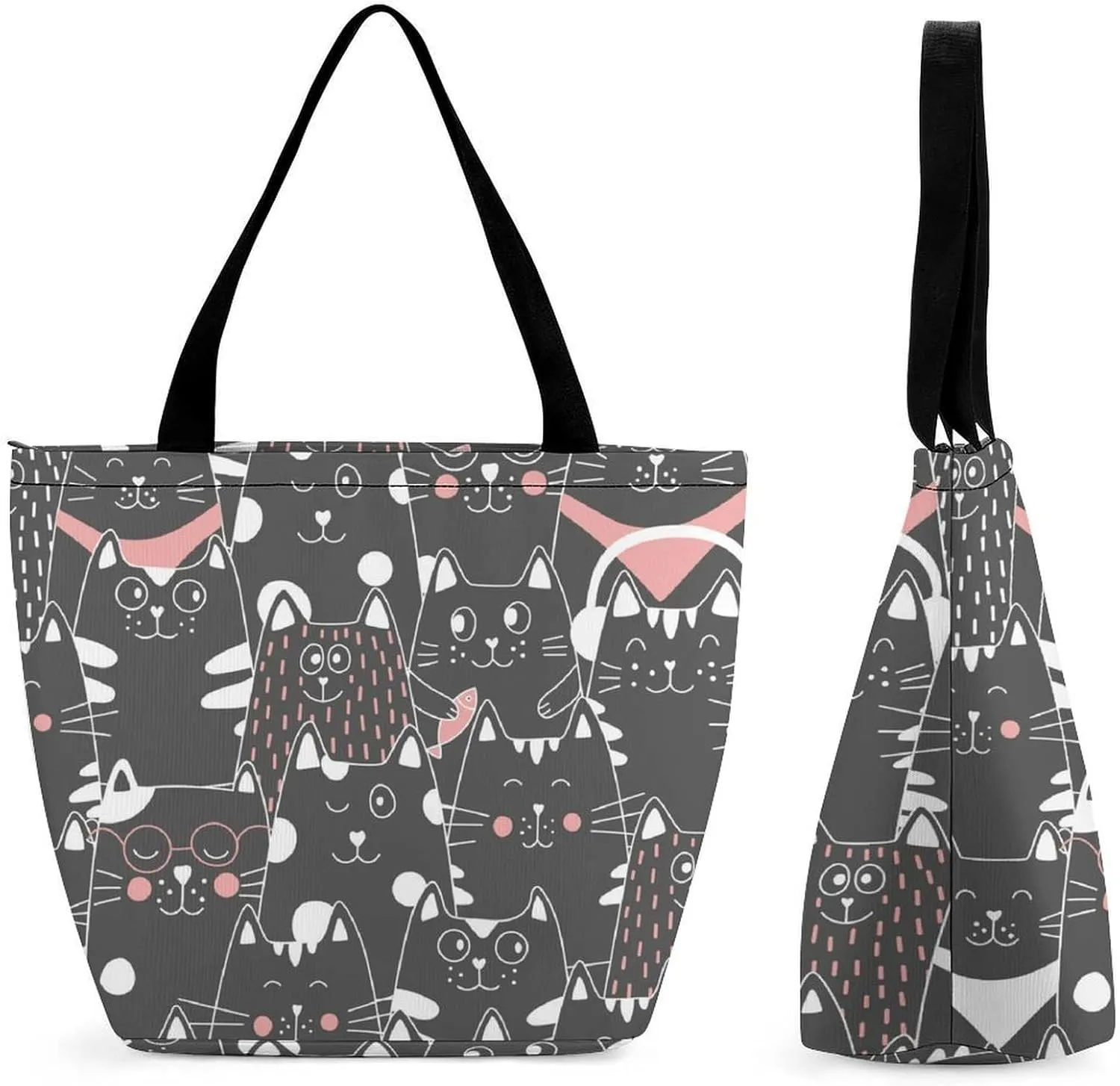 Doodle Cats Print Hobo Handbags With Zipper Women's Tote Handbags