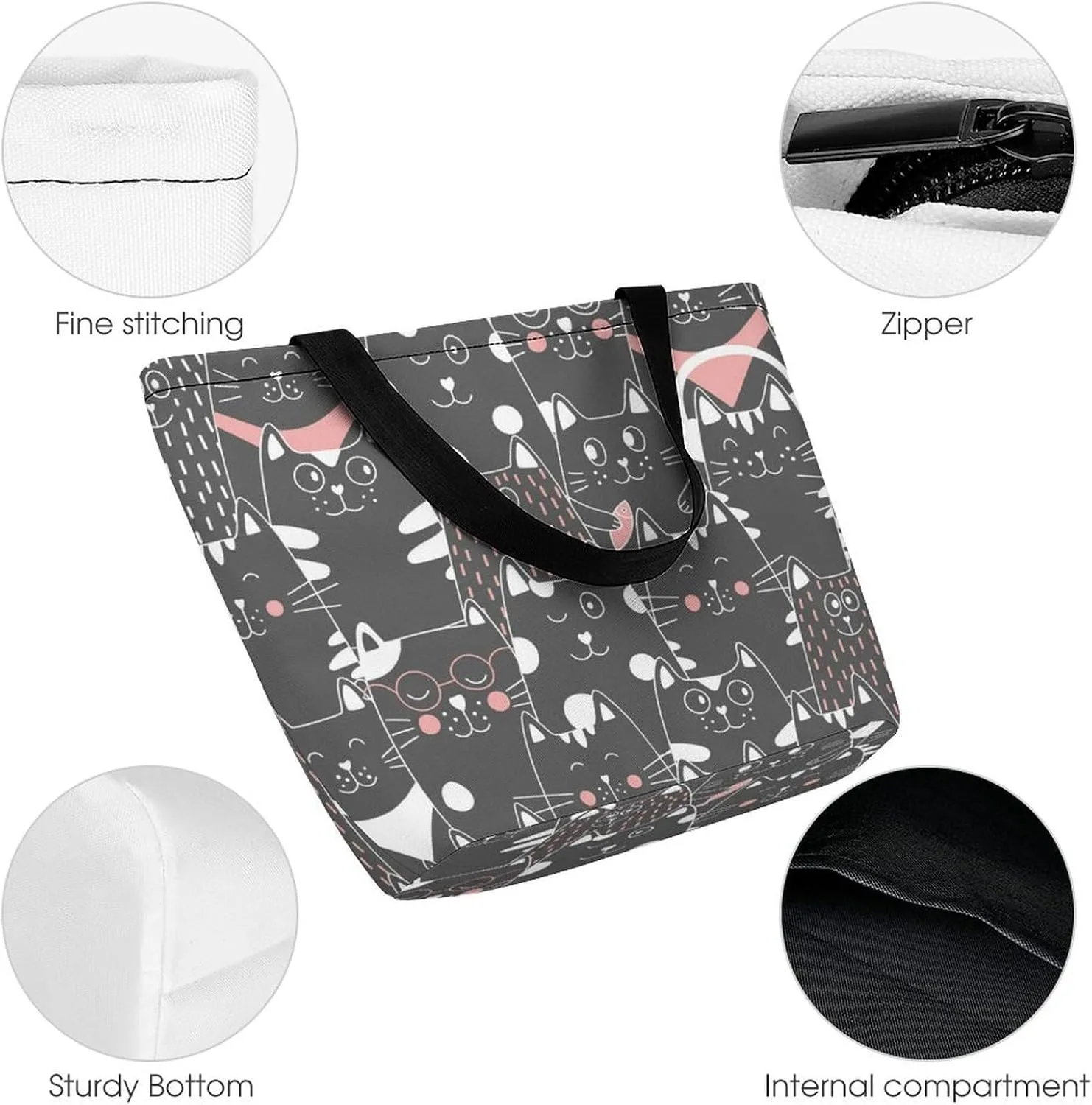 Doodle Cats Print Hobo Handbags With Zipper Women's Tote Handbags
