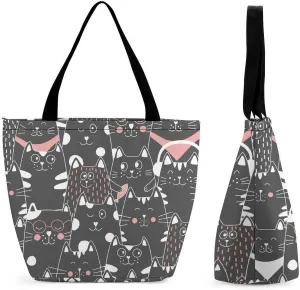 Doodle Cats Print Hobo Handbags With Zipper Women's Tote Handbags