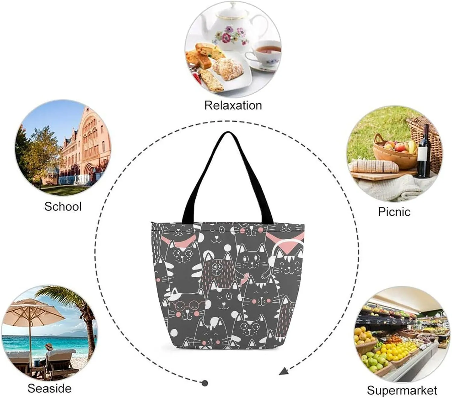 Doodle Cats Print Hobo Handbags With Zipper Women's Tote Handbags