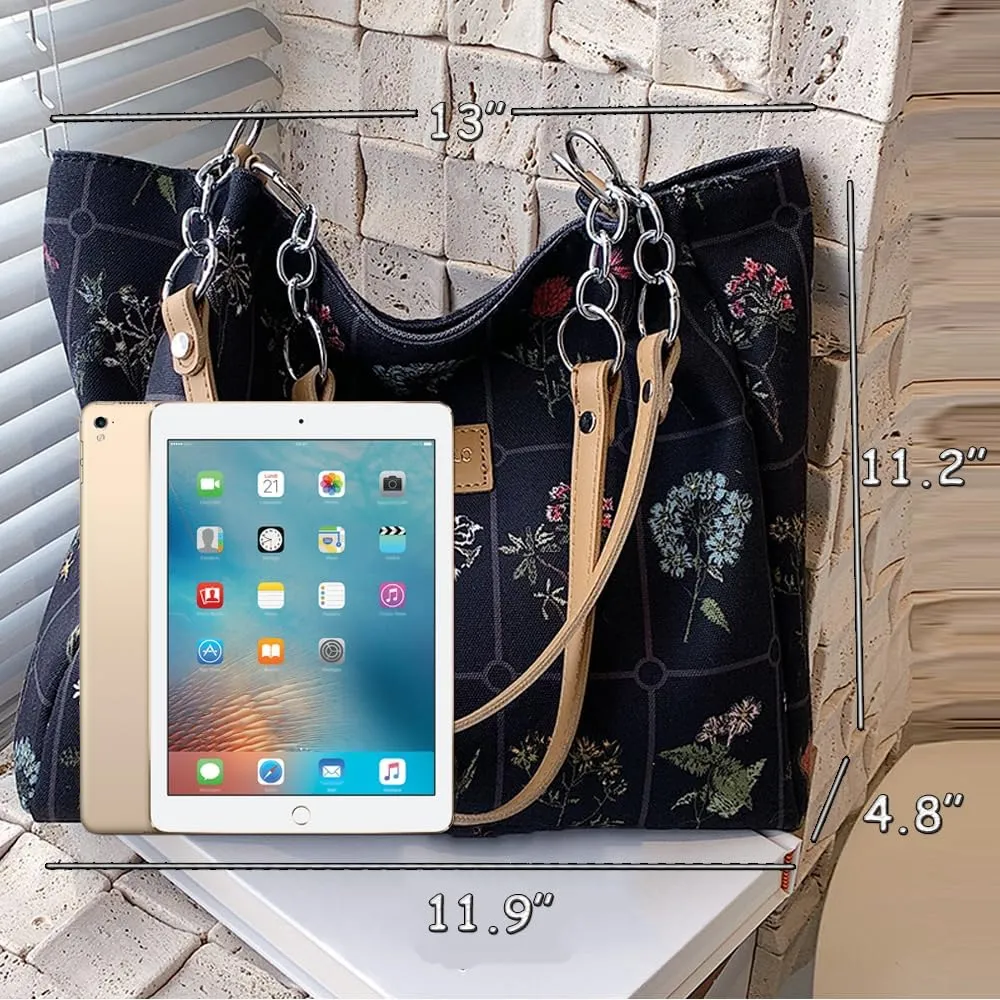 Downupdown Women Tote Bags Canvas Shoulder Bag Large Hobo Bags Purse Floral Totes Handbags Casual Beach Bag Zipper Work Bag