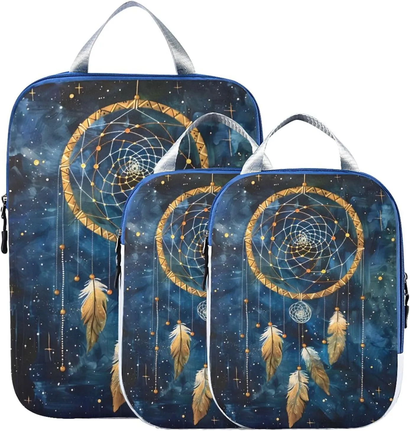 Dream Catcher Blue Galaxy Compression Packing Cubes for Travel Packing Organizers Backpack 3 Pack Luggage Travel Essentials Carry Must Haves Waterproof Suitcase Storage Bags
