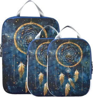Dream Catcher Blue Galaxy Compression Packing Cubes for Travel Packing Organizers Backpack 3 Pack Luggage Travel Essentials Carry Must Haves Waterproof Suitcase Storage Bags