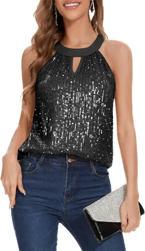 DRESSTELLS Sequin Halter Tops for Women Sparkly Sleeveless Tank Tops Dressy Glitter Club Outfits Party Tank Tops Black L