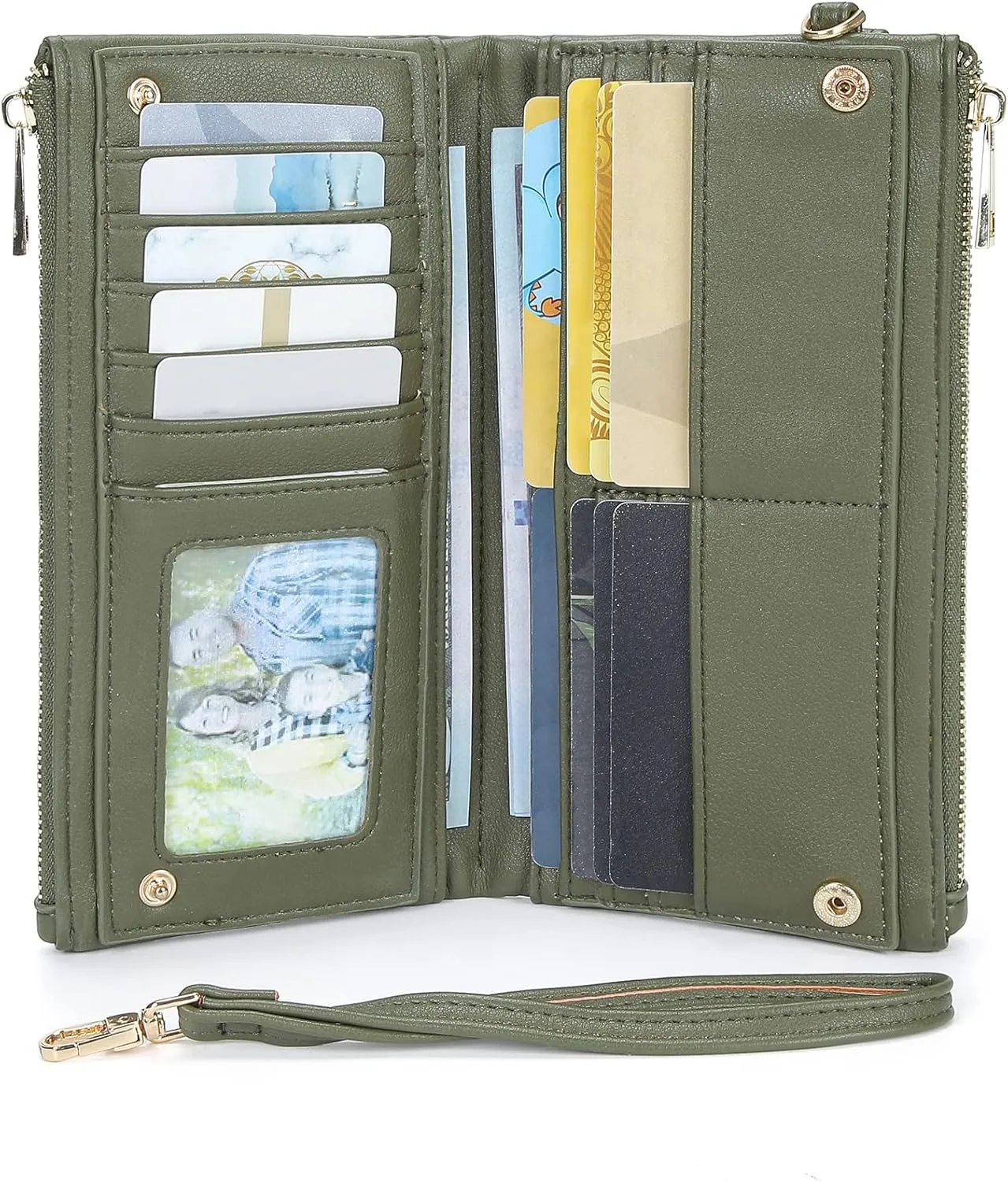 Earnda Thin Wallet Keychain Wristlet for Women Credit Card Holder Organizer Large Ladies Travel Clutch Purse Green