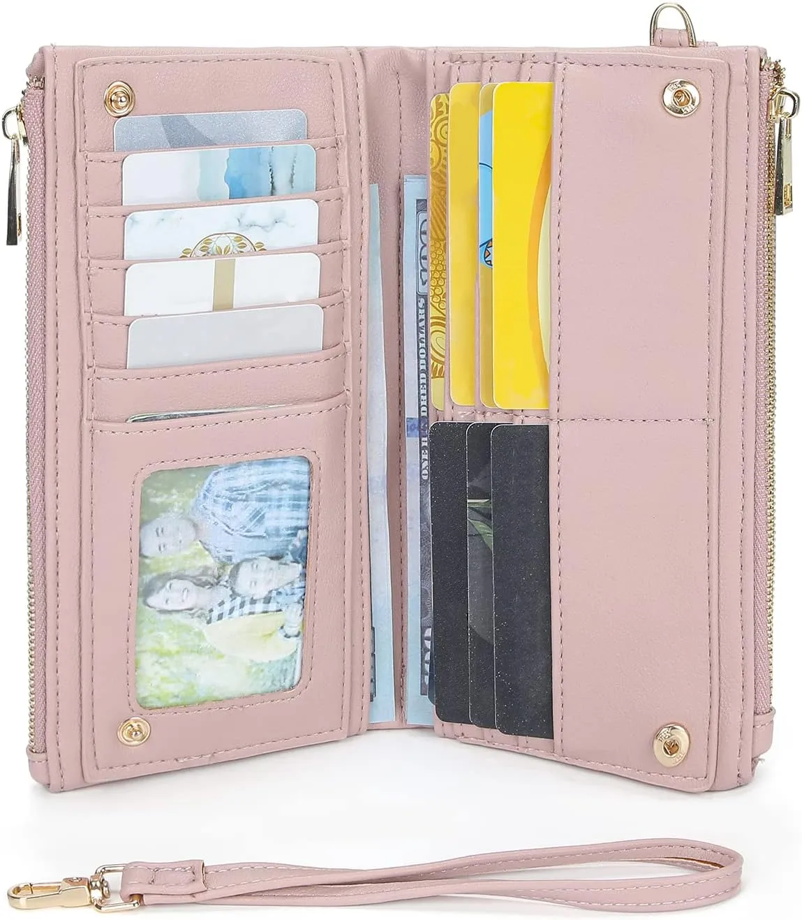 Earnda Thin Wallet Keychain Wristlet for Women Credit Card Holder Organizer Large Ladies Travel Clutch Purse Pink