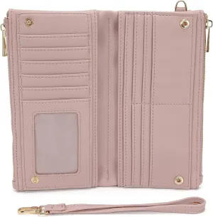 Earnda Thin Wallet Keychain Wristlet for Women Credit Card Holder Organizer Large Ladies Travel Clutch Purse Pink