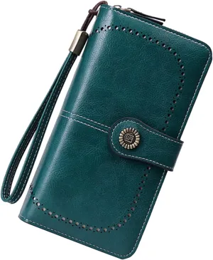 Earnda Wallet for Women RFID Credit Card Holder Leather Large Capacity Wristlet Wallets Blue