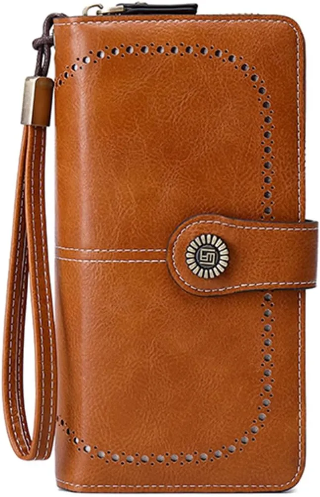 Earnda Wallet for Women RFID Credit Card Holder Leather Large Capacity Wristlet Wallets Brown