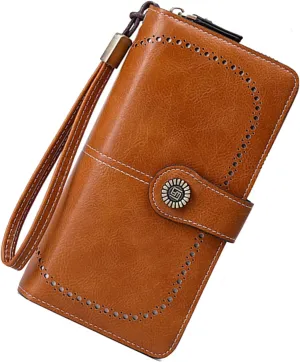 Earnda Wallet for Women RFID Credit Card Holder Leather Large Capacity Wristlet Wallets Brown