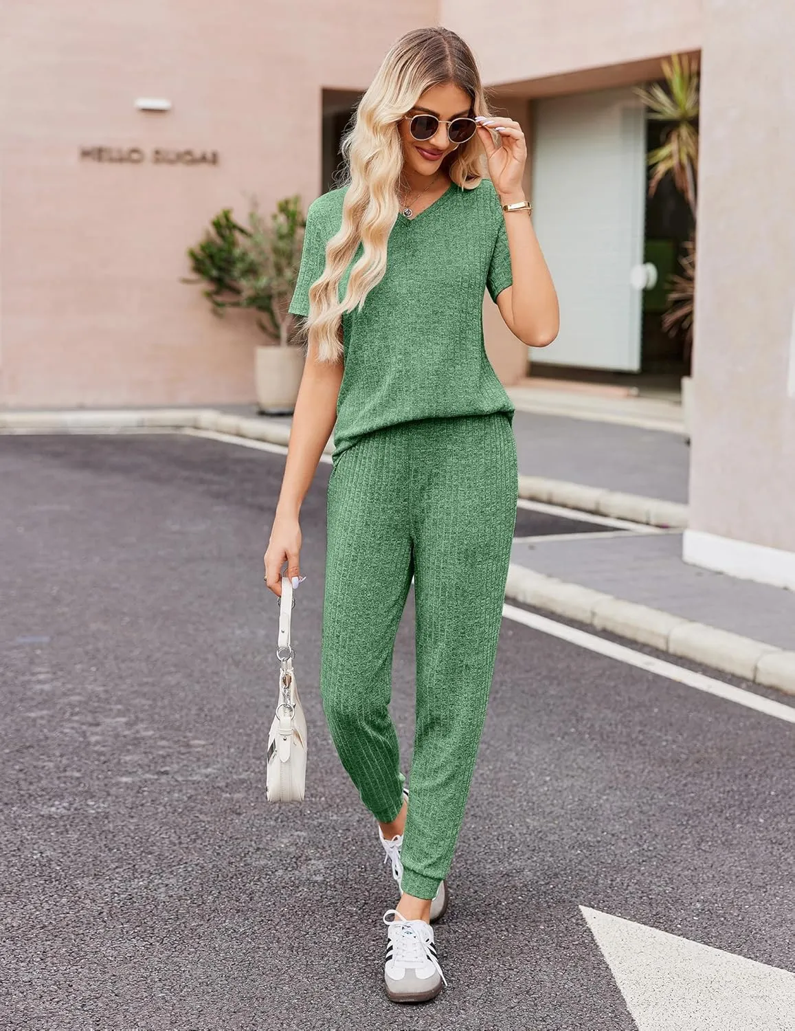 Ekouaer Pajama Sets for Womens Rib Knit Lounge Set Jogger Pants Short Sleeve Sleepwear 2 Piece Outfits Set with Pockets