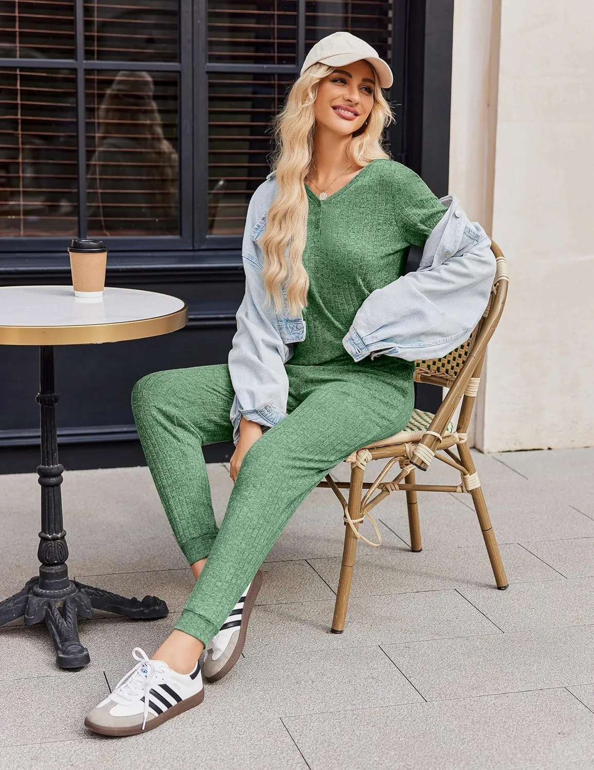 Ekouaer Pajama Sets for Womens Rib Knit Lounge Set Jogger Pants Short Sleeve Sleepwear 2 Piece Outfits Set with Pockets