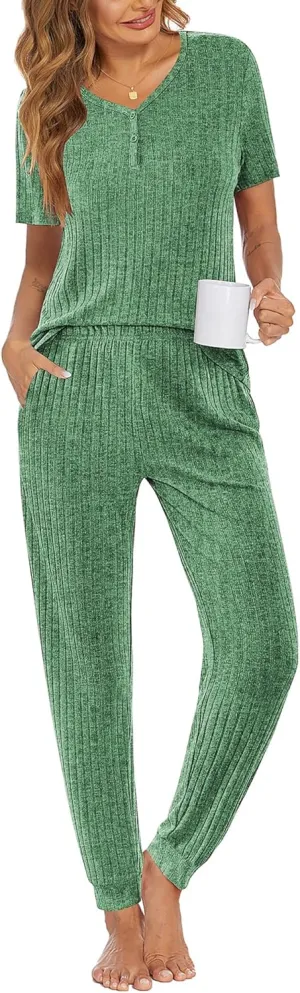Ekouaer Pajama Sets for Womens Rib Knit Lounge Set Jogger Pants Short Sleeve Sleepwear 2 Piece Outfits Set with Pockets