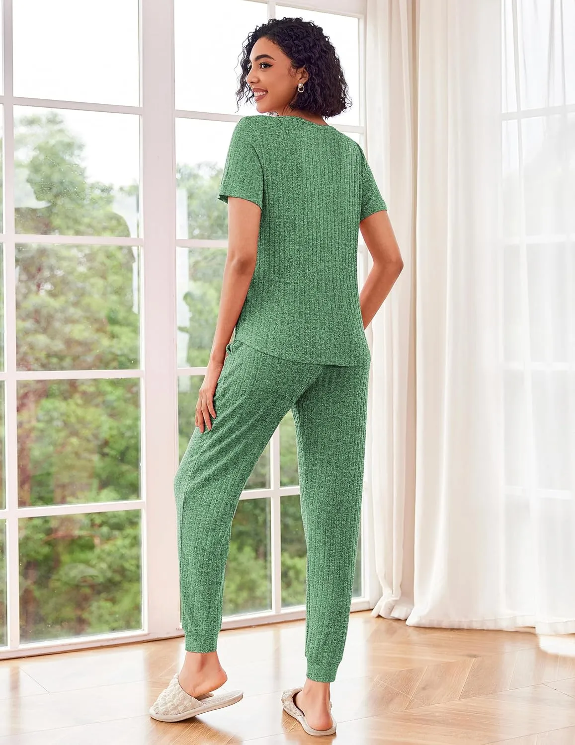 Ekouaer Pajama Sets for Womens Rib Knit Lounge Set Jogger Pants Short Sleeve Sleepwear 2 Piece Outfits Set with Pockets