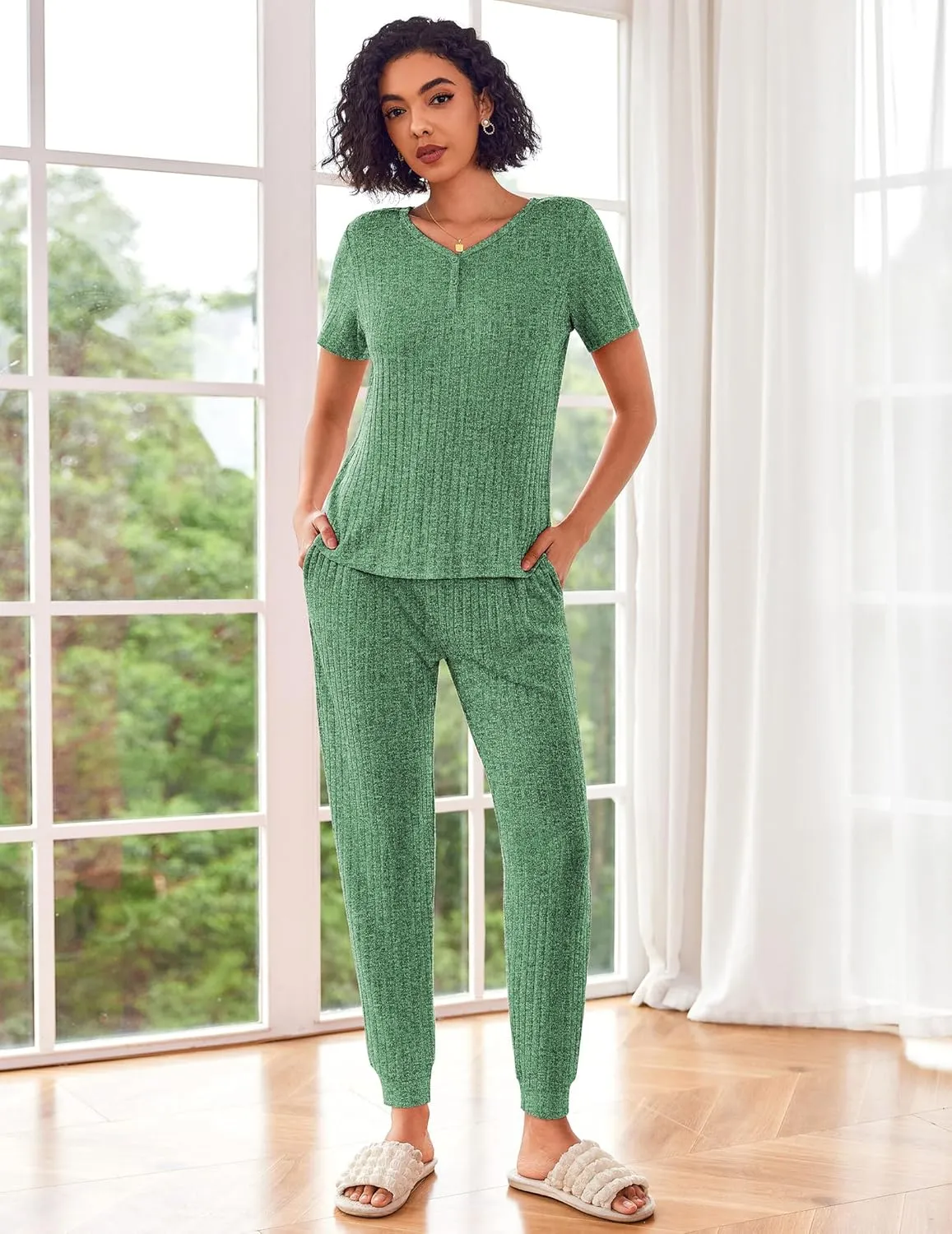 Ekouaer Pajama Sets for Womens Rib Knit Lounge Set Jogger Pants Short Sleeve Sleepwear 2 Piece Outfits Set with Pockets