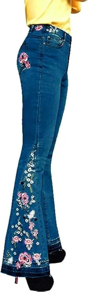 Embroidered Bell Bottom Jeans Women Vintage Plus Size Jeans Stretch Butt Lifting Flare Jean Wide Leg Denim Pants