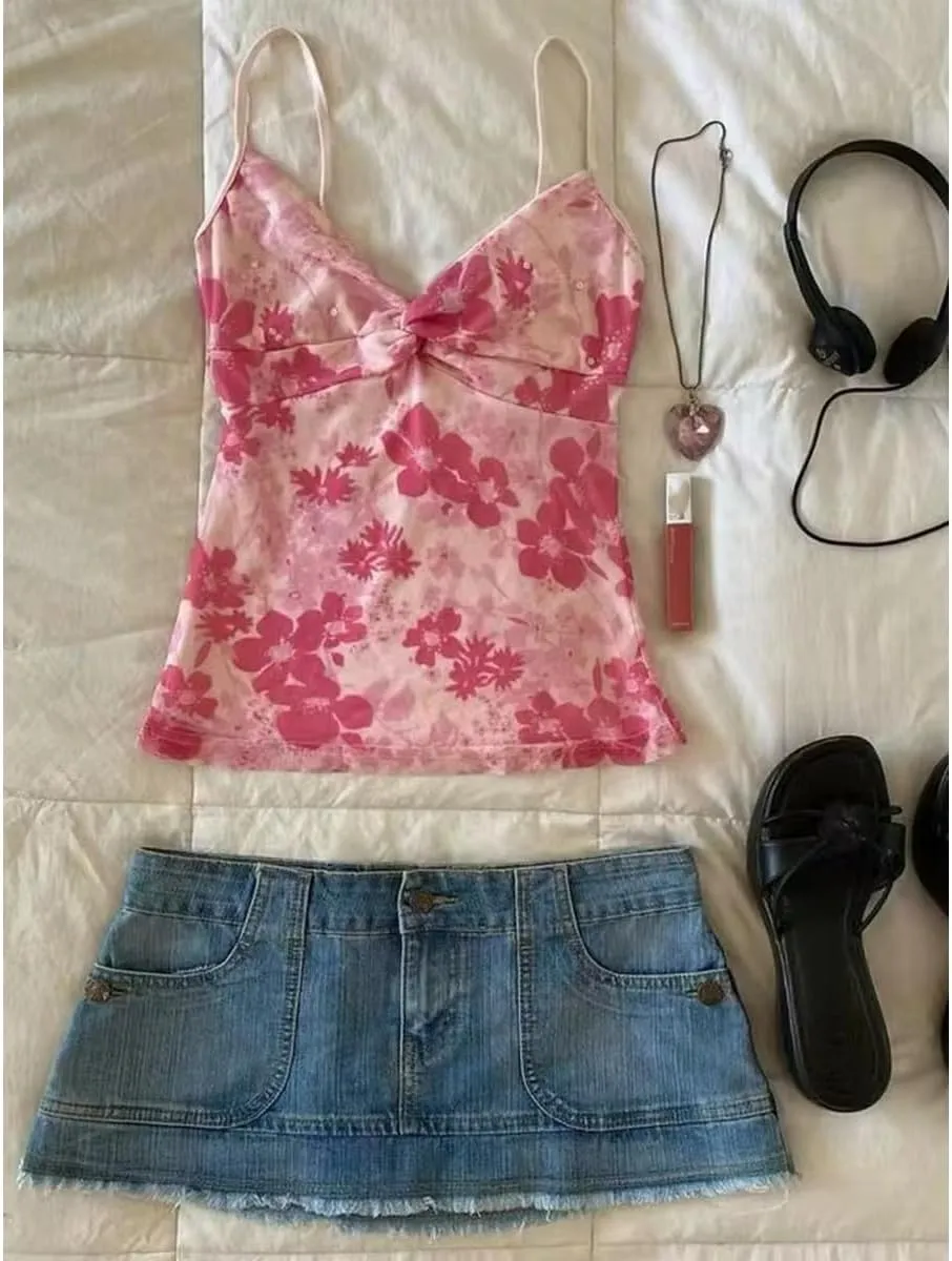 Emo Coquette Cropped Top Grunge 2000s Spaghetti Strap Tops Streetwear Vintage Camisole Y2k Cheetah Tops
