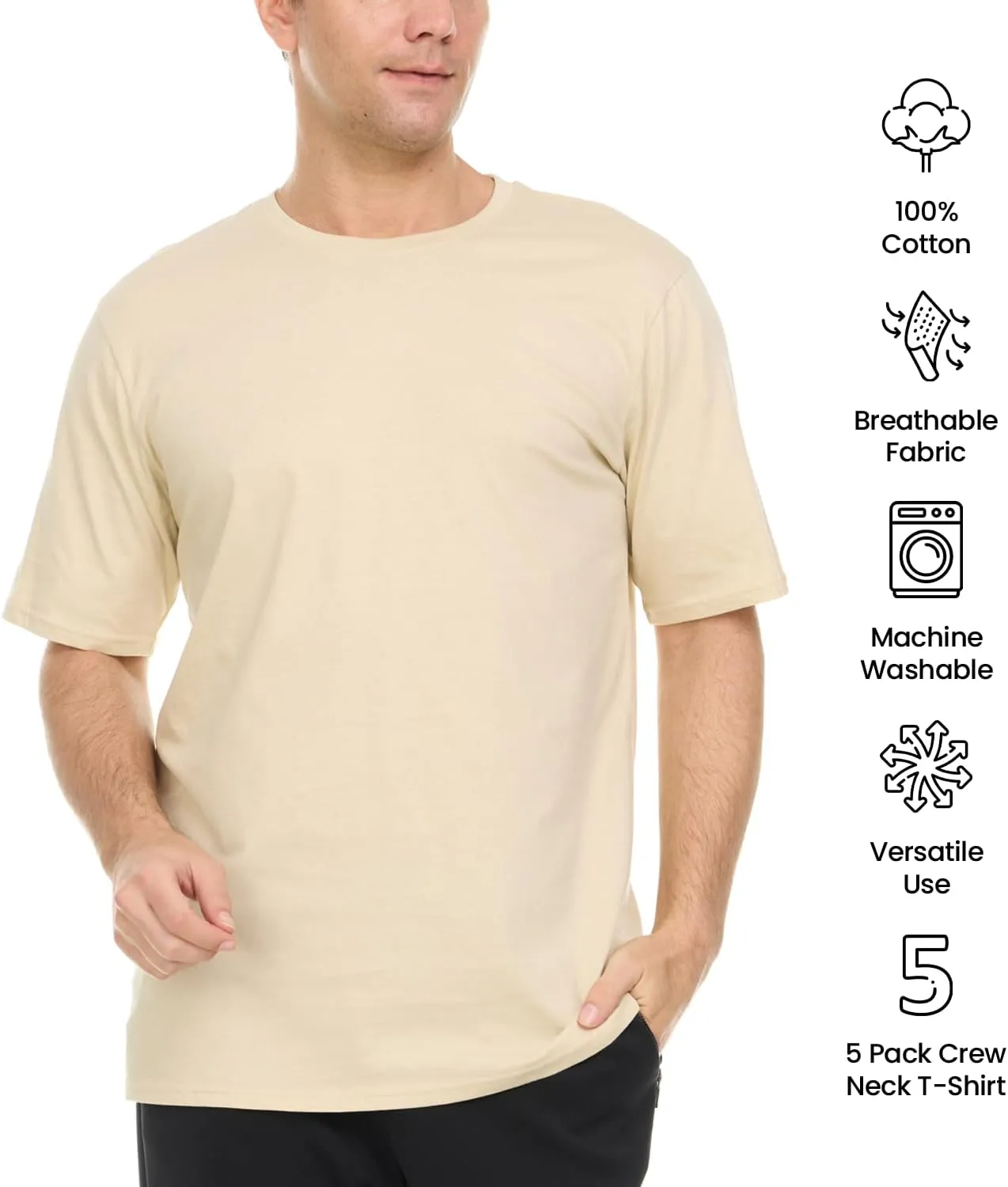 Essential Elements 5 Pack: Men's Crew Neck 100% Pure Cotton Breathable Short Sleeve T-Shirt